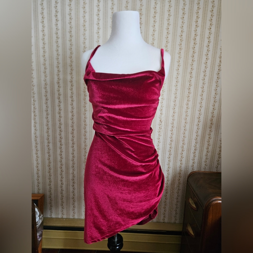 Red Spaghetti Strap Cowl Neck Velvet Ruche Bodycon Dress